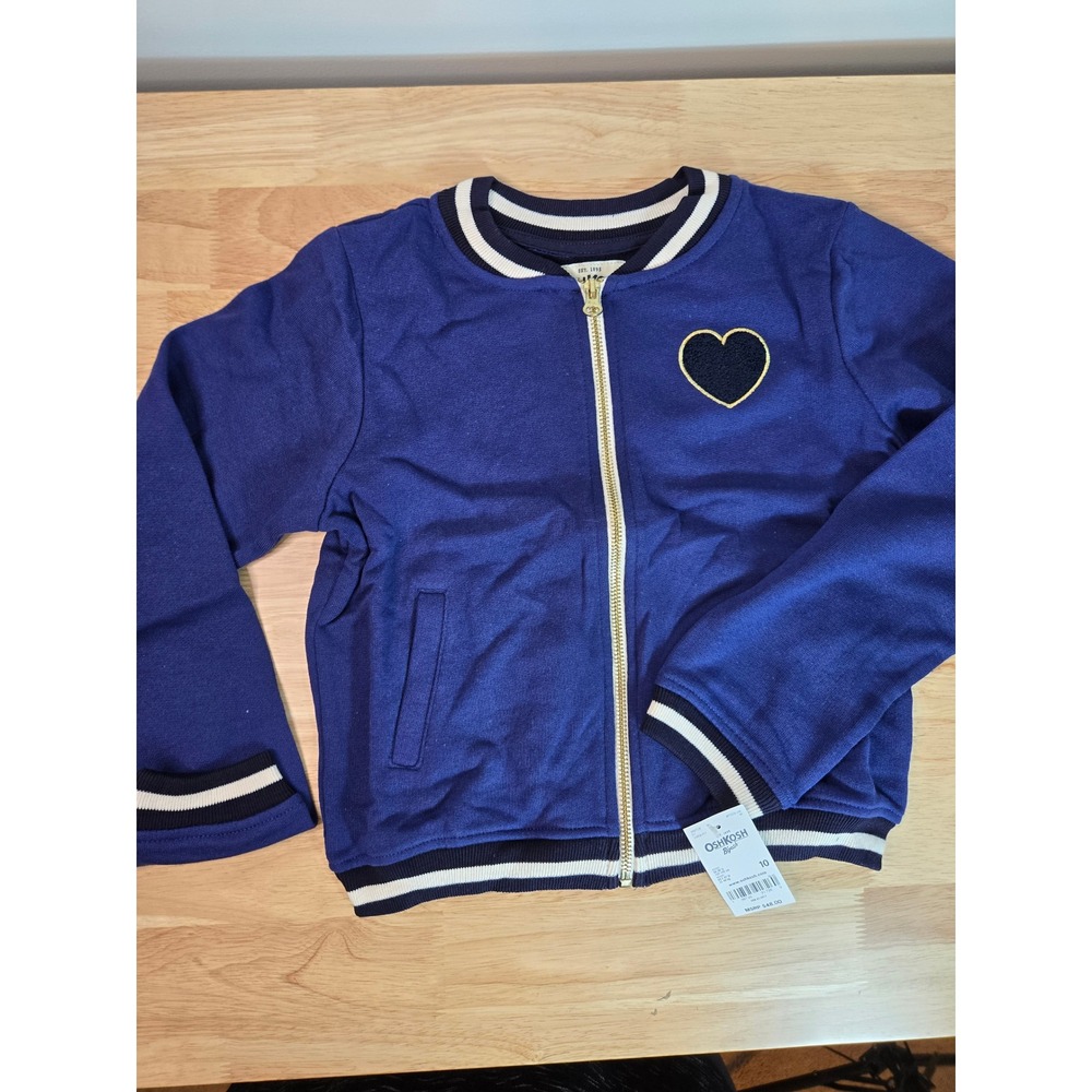 OshKosh B'gosh Girls Navy Blue Heart Patch Full Zip Bomber Sweatshirt Size 10